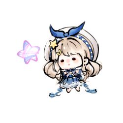  back_bow bare_shoulders barefoot beret black_eyes blonde_hair blue_bow blue_bowtie blue_choker blue_dress blue_sleeves bow bow_choker bowtie brooch bubbly_voyage_(infinity_nikki) chinese_commentary choker commentary_request curious detached_sleeves dress fengmi_youzi_hua floating frilled_choker frills hair_ornament hair_rings hairclip hat hat_bow hat_ornament highres infinity_nikki jewelry long_hair long_sidelocks looking_at_object medium_dress nikki_(series) open_mouth pleated_sleeves rabbit_hair_ornament short_sleeves sidelocks simple_background solid_oval_eyes star_(symbol) star_hat_ornament strapless strapless_dress teeth upper_teeth_only whimstar_(infinity_nikki) white_background white_hat yarn 