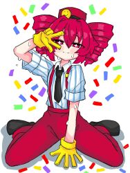 1girl :| black_necktie black_shoes closed_mouth collared_shirt commentary_request confetti drill_hair drop_shadow full_body fumomono garter_straps hair_between_eyes hand_on_floor hand_up hat highres kasane_teto looking_at_viewer mesmerizer_(vocaloid) necktie on_floor pants red_eyes red_hair red_hat red_pants shirt shoes short_hair short_sleeves simple_background sitting solo sparkling_eyes squinting striped_clothes striped_shirt sweatdrop twin_drills twintails utau vertical-striped_clothes vertical-striped_shirt vocaloid w wariza white_background white_shirt
