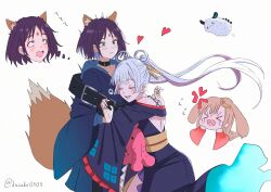  3girls absurdres animal_ears bare_shoulders black_choker blonde_hair blue_hoodie blush cho_kaguya-hime! choker closed_eyes colored_inner_hair commentary crescent crescent_hair_ornament forehead_jewel fox_ears fox_girl fox_tail fushi_(cho_kaguya-hime!) green_eyes grey_hair hair_ornament hair_ribbon hashtag-only_commentary heart heart-shaped_mouth highres hood hoodie hug japanese_clothes kaguya_(cho_kaguya-hime!) kimono kuzuko0503 multicolored_hair multiple_girls off_shoulder open_mouth parted_lips pink_hair purple_hair purple_kimono rabbit_ears ribbon runami_yachiyo sakayori_iroha short_hair simple_background smile tail twintails twitter_username white_background yuri 