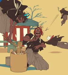  4boys alternate_costume angry arjuna_(fate) arjuna_alter_(fate) ashwatthama_(fate) bare_tree brown_hair commentary_request dark-skinned_male dark_skin facial_mark fate/grand_order fate_(series) food forehead_mark hagoita hane_(hanetsuki) hanetsuki highres holding holding_paddle horns japanese_clothes karna_(fate) kine kokujin_youhei male_focus mallet mochi mochitsuki multiple_boys open_mouth paddle red_hair sharp_teeth teeth tree white_hair 