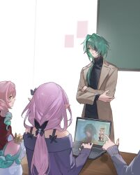  2boys 2girls absurdres alternate_costume anaxa_(honkai:_star_rail) animal_ears bare_shoulders black_butterfly brown_coat bug butterfly butterfly_hair_ornament castorice_(honkai:_star_rail) chalkboard closed_mouth coat computer crossed_arms crown desk earrings gradient_hair green_eyes green_hair hair_intakes hair_ornament highres honkai:_star_rail honkai_(series) hyacine_(honkai:_star_rail) jewelry kiraandfriends laptop little_ica_(honkai:_star_rail) low_ponytail mini_crown mini_wings multicolored_hair multiple_boys multiple_girls no_headwear one_eye_covered open_mouth paper phainon_(honkai:_star_rail) pointy_ears ponytail purple_hair school_desk single_earring standing twintails white_wings wings 