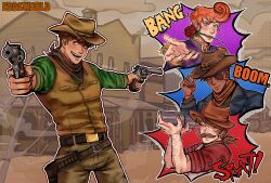  4boys absurdres adjusting_clothes adjusting_headwear aiming aiming_at_viewer alcohol alternate_skin_color animification antenna_hair arm_hair artist_name bartender belt black_belt blue_coat blue_eyes brown_belt brown_hair brown_hat brown_neckerchief brown_pants brown_vest building coat cocktail_shaker commentary copyright_logo copyright_name cowboy cowboy_hat cowboy_western dark-skinned_male dark_skin darkened_skin dual_wielding edd_(eddsworld) eddsworld edward_gold_(eddsworld) english_commentary english_text epaulettes eyepatch facial_hair flower green_shirt grin gun hair_behind_ear halftone hat highres holding holding_cocktail_shaker holding_gun holding_weapon krilzuo logo long_sleeves low_ponytail male_focus matt_(eddsworld) mature_male medium_hair mouth_hold multiple_belts multiple_boys mustache neckerchief official_alternate_costume open_mouth orange_hair outdoors outline outstretched_hand pants ponytail prince prince_matthew_(eddsworld) purple_coat red_flower red_rose red_shirt revolver rose sheriff_(western) sheriff_badge shirt short_hair short_ponytail signature smile thompson_(eddsworld) todd_(eddsworld) tom_(eddsworld) tord_(eddsworld) tree vest weapon white_outline 