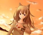  apple brown_hair food fruit holding holding_fruit holo konasu long_hair red_eyes smile solo spice_and_wolf sunset wolf_ears 