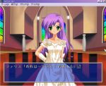  bride doseki_udon dress fake_screenshot faris_scherwiz final_fantasy final_fantasy_v gloves green_eyes long_hair lowres purple_hair solo translation_request visual_novel wedding_dress 