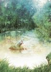  blue_hair detached_sleeves feet_in_water grass hatsune_miku legs long_hair nature reflection satan115 scenery soaking_feet solo tree twintails very_long_hair vocaloid water 