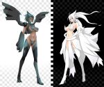  breasts dark_skin emukon highres legs monster_girl personification pokemon pokemon_(game) pokemon_black_and_white pokemon_bw reshiram thighhighs wings zekrom 