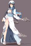 breasts cleavage highres japanese_clothes kimono legs long_legs multicolored_hair nanao no_panties nurarihyon_no_mago ringed_eyes sandals sash scarf shadow side_slit simple_background smile solo standing striped striped_scarf thighs white_hair yellow_eyes yuki_onna_(nurarihyon_no_mago) 