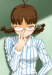  adjusting_glasses akiduki_i_tsuki akizuki_ritsuko braid brown_hair glasses idolmaster solo twin_braids 