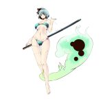  bad_anatomy bad_perspective barefoot bikini breasts curvy flower from_below highres katana konpaku_youmu legs long_legs navel o-ring_top shinoi simple_background solo strapless swimsuit sword touhou underboob weapon wide_hips 