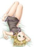  barefoot bed blonde_hair breasts china_dress chinese_clothes feet forehead green_eyes hands highres legs looking_back lying mizuhashi_parsee mochi.f on_back open_clothes panties pink_panties pointy_ears short_hair solo touhou underwear untied upside-down 