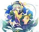  blue_rose bow dress feathers flower green_eyes green_hair hat komeiji_koishi rarami rose short_hair smile solo touhou 