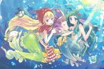  ahoge aqua_hair bad_id bare_shoulders basket blonde_hair blue_eyes blush breast_hold bubble chanchan covering covering_breasts fish flounder flower hair_flower hair_ornament hair_over_breasts hood long_hair looking_at_viewer mermaid monster_girl multiple_girls o3o open_mouth original smile sunlight topless underwater very_long_hair 