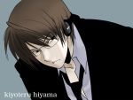  black_eyes brown_hair formal glasses headphones hiyama_kiyoteru male mouri solo suit vocaloid 