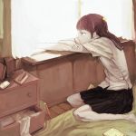  book brown_hair drawer mo-mo-ride original room school_uniform seiza serafuku sitting skirt solo speaker window windowsill 