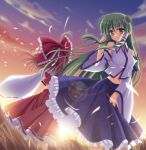  hakurei_reimu kochiya_sanae lens_flare skywaker smile sun touhou wind 