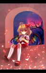  ahoge asyura7 bat_wings blood cup empty_eyes expressionless flandre_scarlet full_moon highres kneehighs mary_janes moon no_hat no_headwear ponytail red_eyes red_moon shoes short_hair side_ponytail sitting solo spill teacup touhou white_legwear windowsill wings 