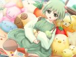  baby green_eyes green_hair mother_and_daughter smile stuffed_animal twintails 