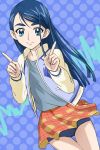  blue_hair buruma eyebrows flat_chest haruyama jacket long_hair minazuki_karen plaid pointing polka_dot precure skirt smile solo thigh_gap yes!_precure_5 