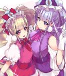  2girls aisaki_emiru bangs blonde_hair blunt_bangs bow bowtie closed_mouth cowboy_shot cure_amour cure_macherie dress gloves hair_bow hugtto!_precure long_hair looking_at_viewer magical_girl miya_ur multiple_girls pink_dress precure purple_bow purple_dress purple_hair red_bow red_eyes ruru_amour simple_background smile twintails violet_eyes white_background white_gloves 