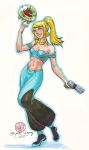  2010 aladdin_(disney) bare_shoulders blonde_hair blue_eyes cosplay disney gun jasmine_(disney) jasmine_(disney)_(cosplay) lips metroid metroid_(creature) midriff navel parody ponytail samus_aran smile traditional_media weapon 