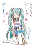  blush closed_eyes eating green_hair happy hatsune_miku heart kaito long_hair translated translation_request twintails very_long_hair vocaloid wara_(343587aa) wrist_grab young 