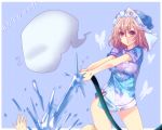  &gt;:o contemporary hands hat hose konpaku_youmu_(ghost) myon no_pants onoe_junki outstretched_arms pink_eyes pink_hair saigyouji_yuyuko short_hair simple_background splash t-shirt thighs touhou water 