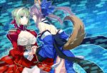  2girls animal_ears binary breasts caster_(fate/extra) dress epaulettes fate/extra fate/stay_night fate_(series) fox_ears fox_tail holding_hands japanese_clothes multiple_girls nero_claudius_(fate)_(all) number saber_extra sami_(artist) sami_(object_dump) tail tamamo_no_mae_(fate) yuri 