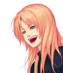  aqua_eyes evil_grin evil_smile fang grin long_hair mustard_seeds open_mouth orange_hair simple_background smile solo teeth 