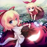  blonde_hair blue_eyes blush bow doll flower from_above hair_bow lily_of_the_valley long_hair looking_back medicine_melancholy short_hair su-san touhou wings 