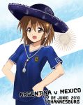  1girl 2010_fifa_world_cup adidas argentina brown_eyes brown_hair fifa fifa_world_cup hat hirasawa_yui hobunsha k-on! kaiga kyoto_animation mexico product_placement short_hair soccer_uniform solo sombrero spanish spanish_commentary world_cup 