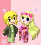  blue_eyes chibi couple flower hair_flower hair_ornament highres holding_hands japanese_clothes kimono link lipstick long_hair new_year pointy_ears princess_zelda the_legend_of_zelda toon_link very_long_hair yuino_(fancy_party) yuinopartyyou127 