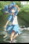  :o abe_ranzu ahoge arm_up blouse blue_eyes blue_hair goggles goggles_on_head hair_bobbles hair_ornament kawashiro_nitori letterboxed nature navel no_bra no_nose open_clothes open_mouth pocket see-through short_hair skirt solo standing stream touhou twintails vest wading water 