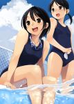  black_eyes black_hair feet_in_water from_below goggles multiple_girls one-piece_swimsuit original oryou pool school_swimsuit shiny sitting sky smile soaking_feet swimsuit twintails water 