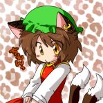  brown_hair cat_ears cat_tail chen earrings eromame hat jewelry lowres multiple_tails short_hair solo tail touhou 