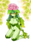  1girl blush breasts flower gradient_hair green_hair highres large_breasts leaf lemoco99 long_hair monster_girl multicolored_eyes multicolored_hair nature open_mouth original simple_background solo tagme vines 