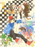  1boy 1girl artist_request baseball_cap boots brown_hair hat jacket oshawott pokemon pokemon_(creature) pokemon_(game) pokemon_black_and_white pokemon_bw ponytail shoes shorts sneakers snivy tegaki tepig touko_(pokemon) touya_(pokemon) vest 