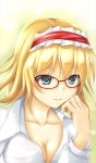  bespectacled blonde_hair blue_eyes breasts cleavage dacho glasses hairband large_breasts short_hair solo touhou white_shirt 