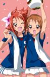  2010_fifa_world_cup 2girls :o arms_up ball brown_eyes brown_hair cure_rouge dual_persona earrings female flower jabulani japan japanese_flag jewelry maeashi magical_girl miniskirt multiple_girls natsuki_rin open_mouth pink_rose precure pretty_cure red_eyes red_hair redhead rose short_hair skirt smile soccer soccer_ball soccer_uniform sparkle spiked_hair sport sports_uniform sportswear towel wink world_cup wristband yes!_precure_5 