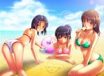  ass ball beach beachball bikini black_hair bottle breasts brown_eyes brown_hair cleavage front-tie_top kobayakawa_rinko long_hair looking_back love_plus ponytail popsicle shian_(my_lonly_life.) short_hair swimsuit takane_manaka 