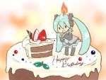  birthday cake candle chibi fire flame food fruit hatsune_miku in_food minigirl pastry sangatsu_youka solo standing strawberry twintails vocaloid 