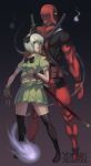  1boy 1girl bad_anatomy bad_id black_legwear black_thighhighs bow bowtie crossover deadpool gloves grey_eyes hair_bow highres katana knife konpaku_youmu konpaku_youmu_(ghost) marvel midriff muscle myon shelly_(artist) silver_hair skirt sword thighhighs thighs touhou vest weapon zettai_ryouiki 