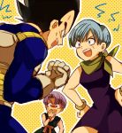  1girl 2boys armor black_eyes black_hair blue_hair bracelet bulma clenched_hand dragon_ball dragon_ball_z dress gloves hands_on_hips jewelry multiple_boys neko_ni_chikyuu open_mouth purple_hair scarf short_hair sleeveless spiky_hair sweat trunks_(dragon_ball) vegeta white_gloves wristband 