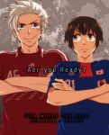  axis_powers_hetalia bad_id blonde_hair blue_eyes brown_eyes brown_hair clothes_writing crossed_arms denmark_(hetalia) engrish frown japan_(hetalia) male mito_(artist) ranguage short_hair smirk sports_uniform sportswear typo vs world_cup 