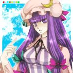  bow breasts crescent hair_bow hands hat lan._(pixiv) large_breasts long_hair patchouli_knowledge purple_eyes purple_hair solo touhou violet_eyes 