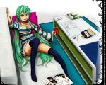  book couch cup digital_media_player earbuds earphones eraser food green_eyes green_hair hatsune_miku indoors ipod kinoukyouasita long_hair lying mug notebook pencil solo sweater_dress thigh-highs thighhighs twintails very_long_hair vocaloid 