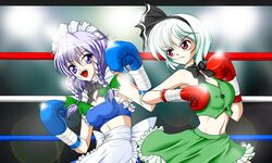  artist_request boxing boxing_gloves braid ghost hairband izayoi_sakuya konpaku_youmu maid maid_headdress multiple_girls purple_eyes rigid short_hair silver_hair touhou twin_braids violet_eyes 