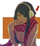  bikini blush breasts cleavage earmuffs highres runny_nose scarf sick snot striped striped_scarf yosshii 