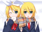  blonde_hair brother_and_sister eating green_eyes kagamine_len kagamine_rin nikuman scarf shared_scarf short_hair siblings twins vocaloid wink yakitori-oni 