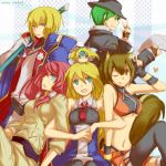  blazblue blonde_hair brown_eyes brown_hair chibi coat fedora green_eyes green_hair hat hazama highres jin_kisaragi katana long_hair makoto_nanaya midriff mu-12 nanaya_makoto necktie noel_vermillion red_hair skirt smile squirrel_ears squirrel_tail sword tail thighhighs tsubaki_yayoi uniform weapon yamo 