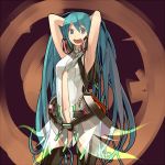  1girl aqua_eyes aqua_hair armpits arms_behind_head arms_up center_opening eyelashes hatsune_miku hatsune_miku_(append) headphones long_hair looking_at_viewer miku_append navel necktie open_mouth shihou shihou_(g-o-s) smile solo thigh-highs thighhighs twintails very_long_hair vocaloid vocaloid_append zettai_ryouiki 
